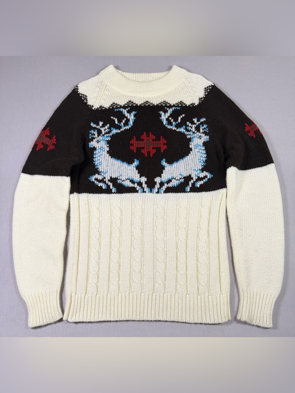 Vintage 70s Silton Reindeer Nordic Ski Sweater Cable Knit Unisex S/M
